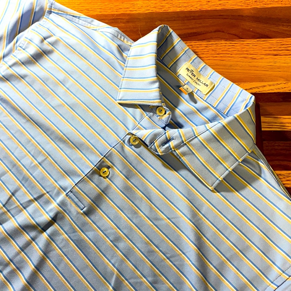 Peter Millar mens L Large blue stripe polo shirt